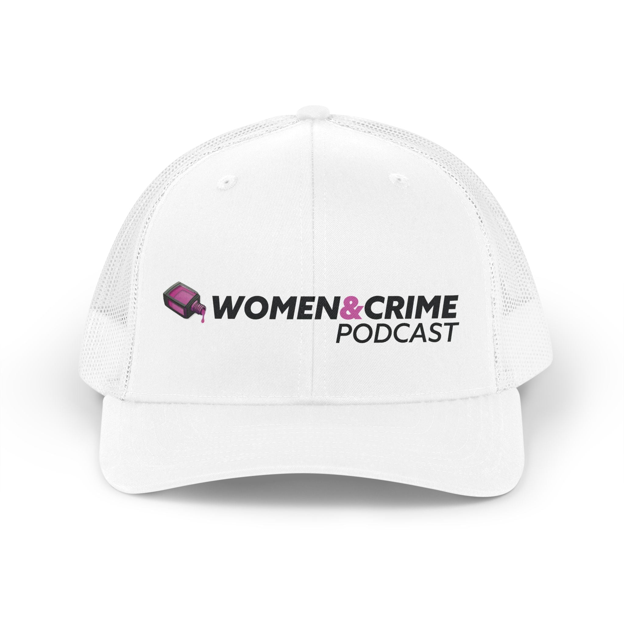 Women & Crime Podcast Trucker Hat — Retro Logo Mesh Cap for True Crime Fans