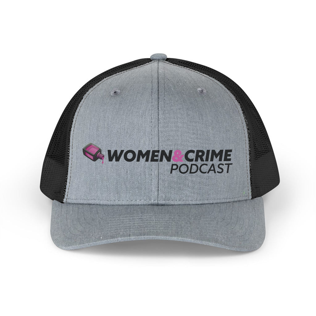 Women & Crime Podcast Trucker Hat — Retro Logo Mesh Cap for True Crime Fans