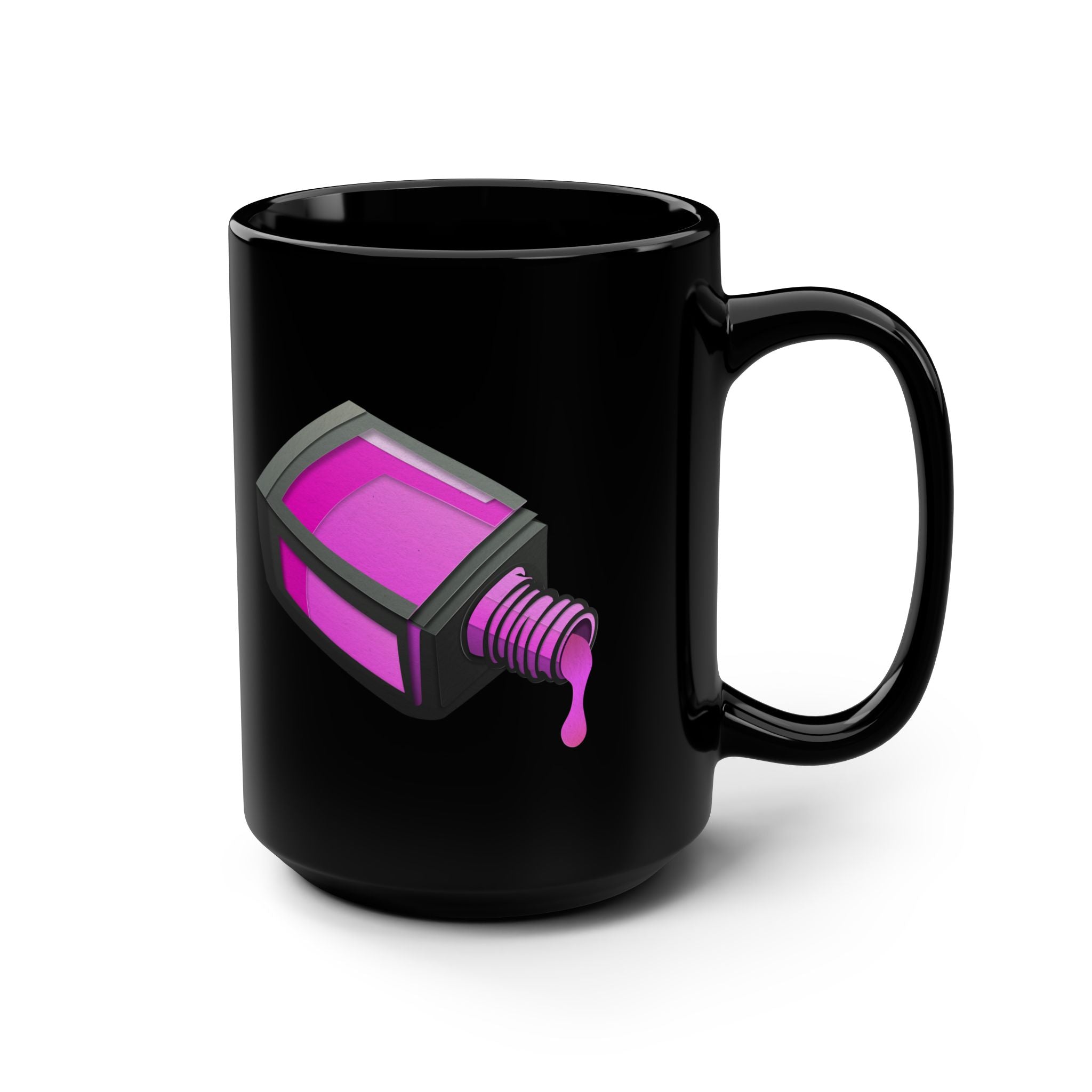 15oz Black Mug — Pink Nail Polish Drip Design
