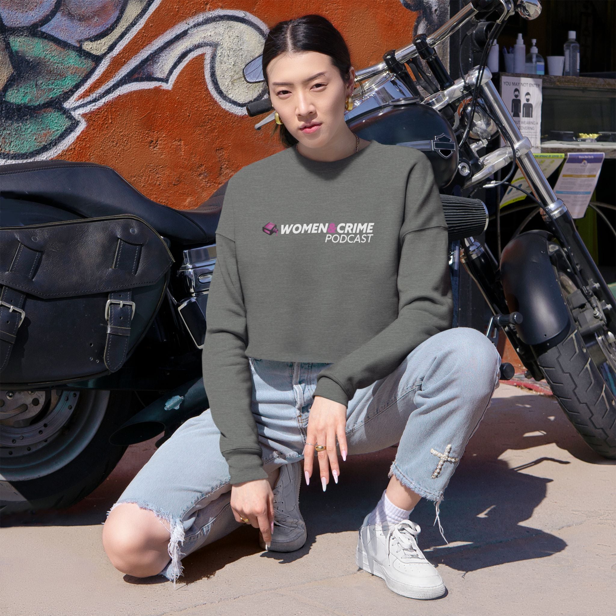 Cropped Sweatshirt — "Women Crime" Minimal Logo Crop Top