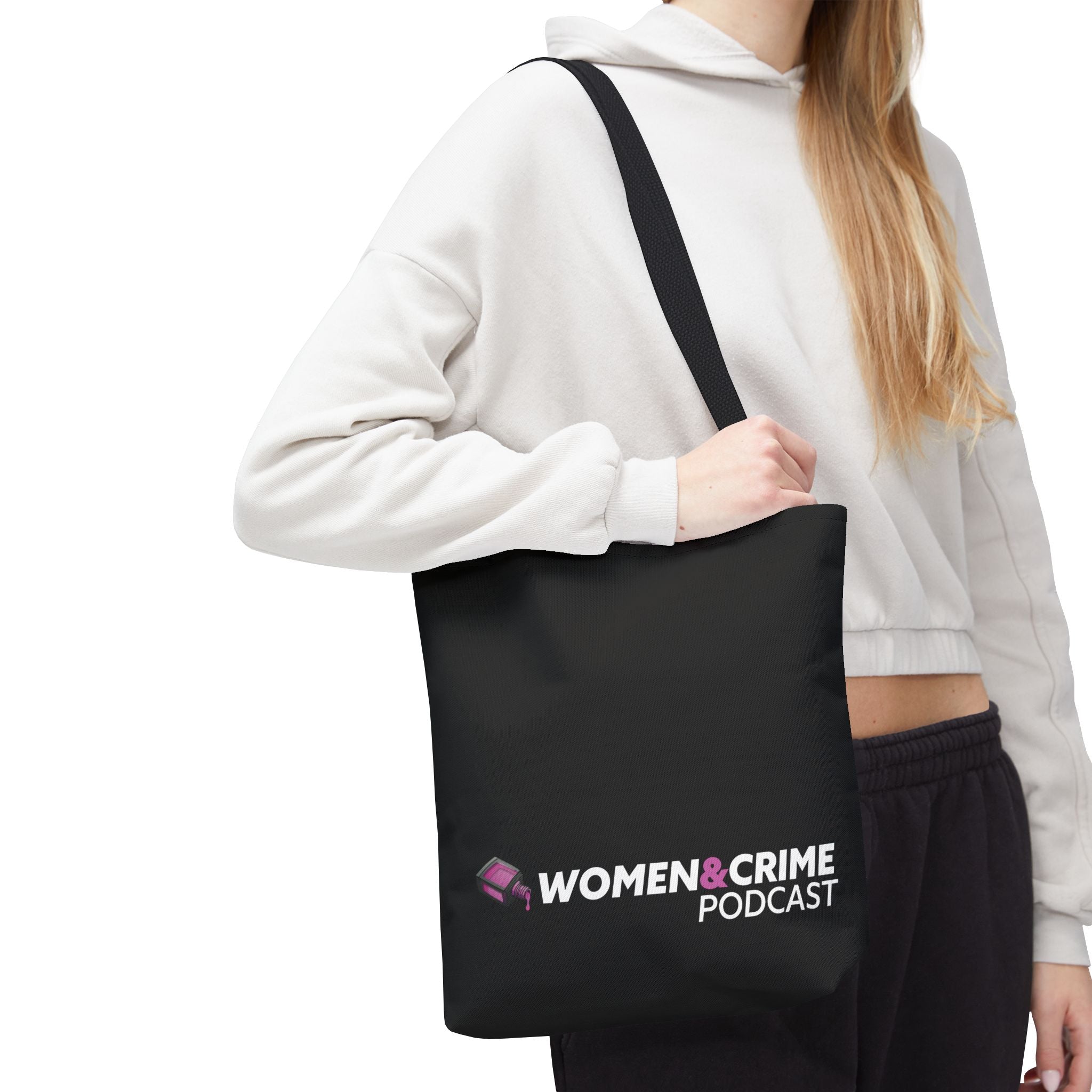 Women & Crime Podcast Tote Bag — 2 sided Pink Nail Polish with Logo