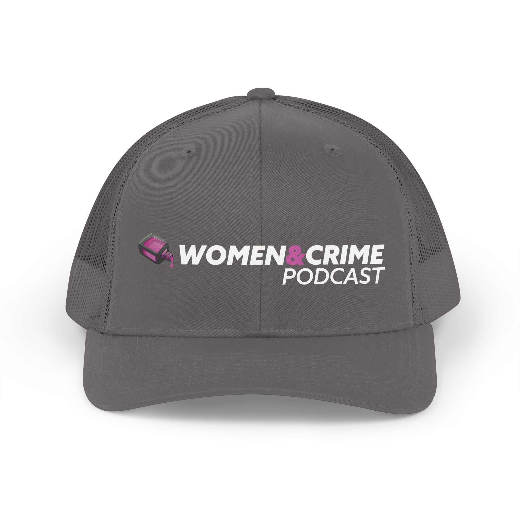 Women & Crime Podcast Trucker Hat — Retro Logo Mesh Cap for True Crime Fans