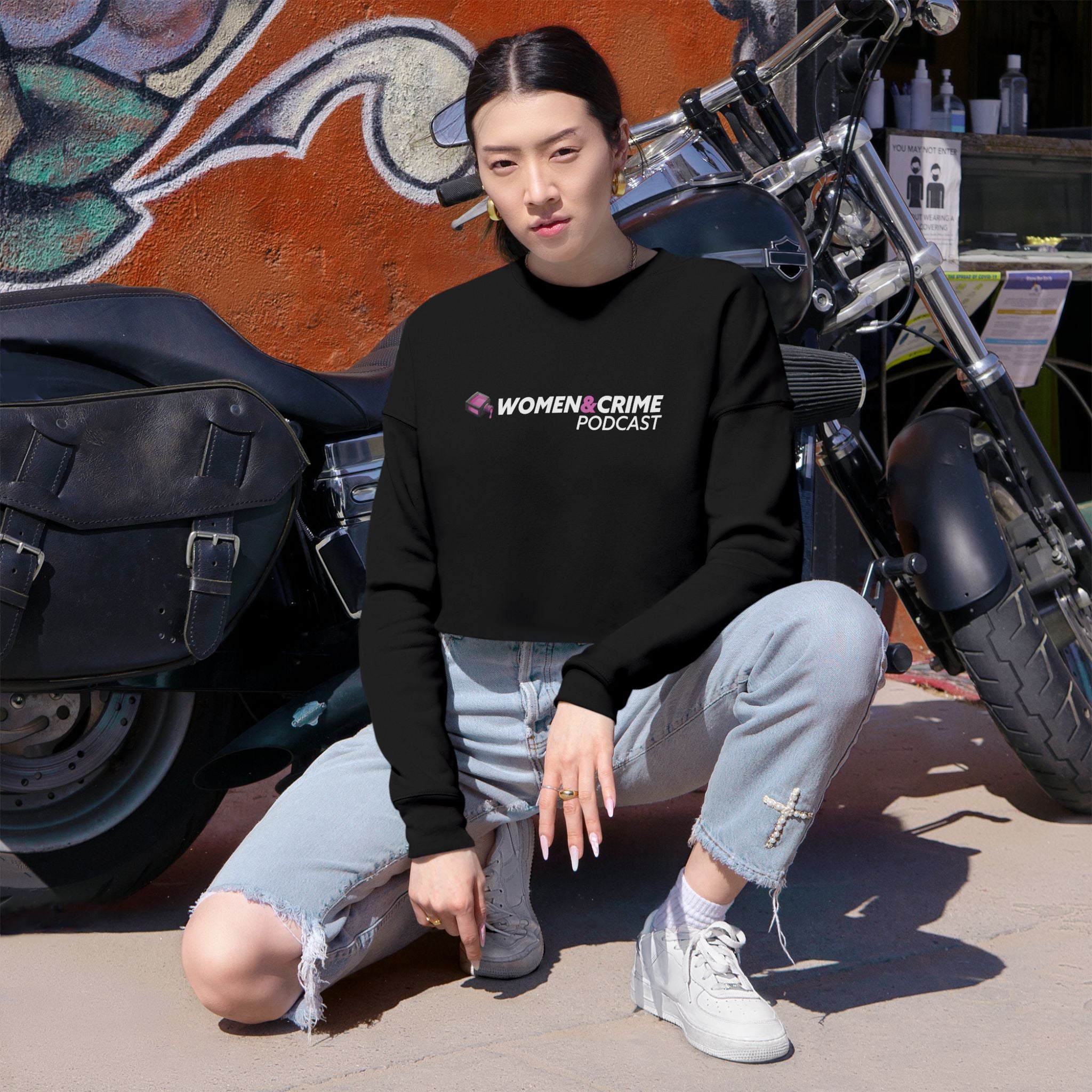 Cropped Sweatshirt — "Women Crime" Minimal Logo Crop Top