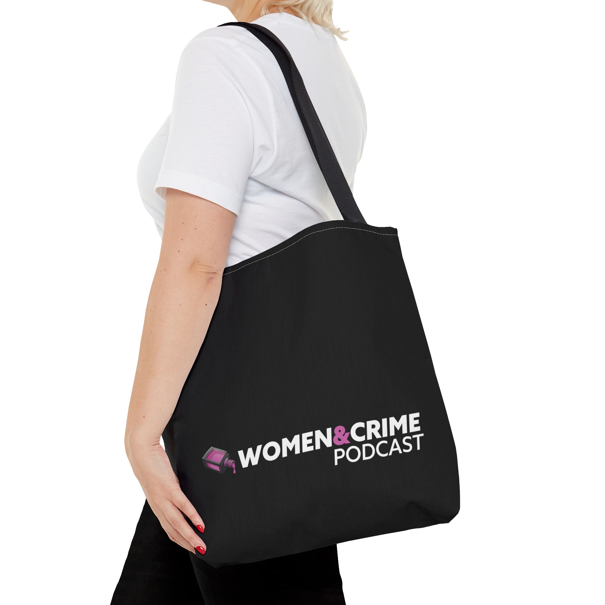 Women & Crime Podcast Tote Bag — 2 sided Pink Nail Polish with Logo