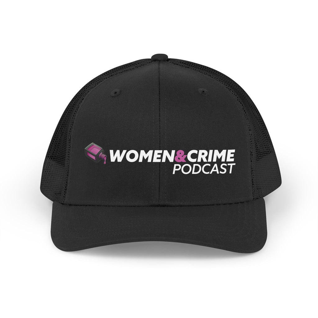 Women & Crime Podcast Trucker Hat — Retro Logo Mesh Cap for True Crime Fans