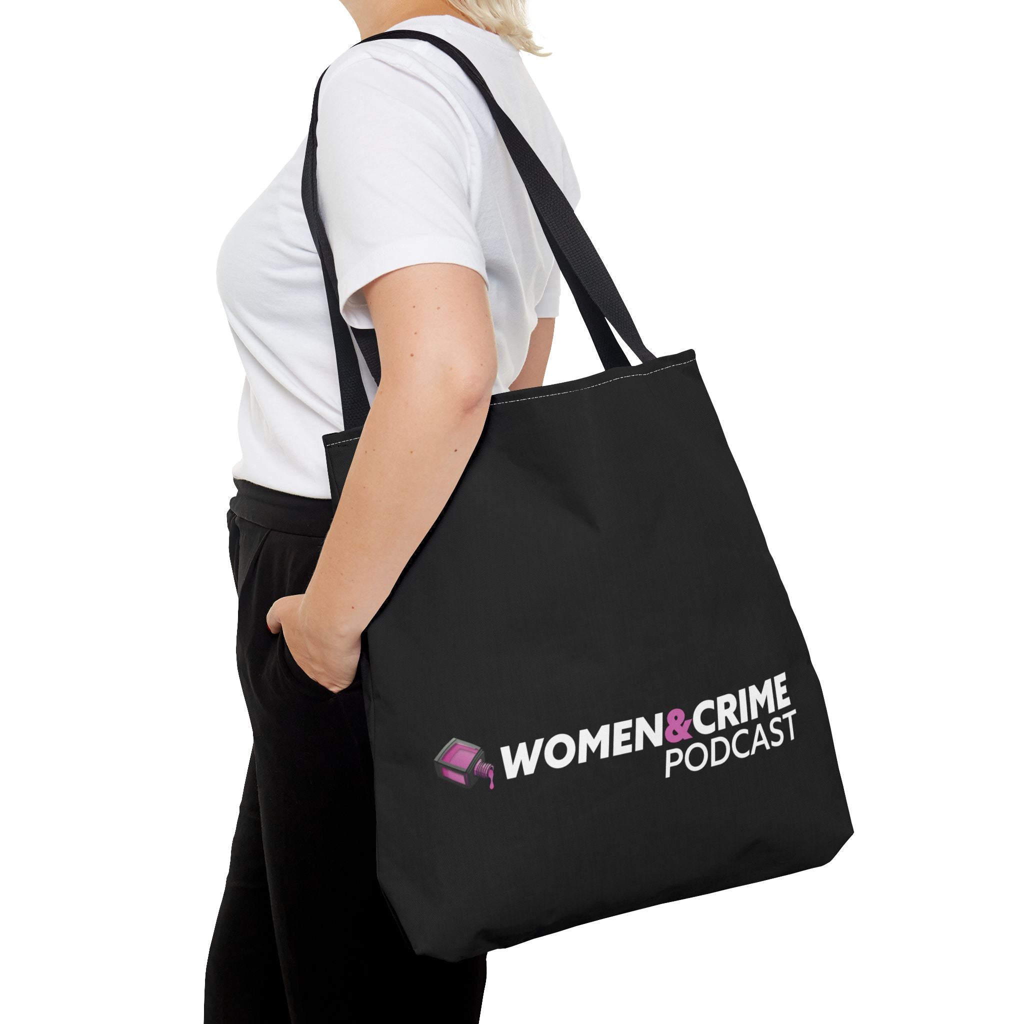 Women & Crime Podcast Tote Bag — 2 sided Pink Nail Polish with Logo